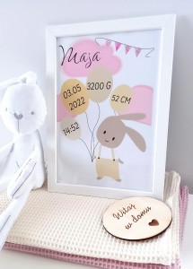 Metryczka królik w odcieniach beżu różowe chmurki Girl- dziewczynka